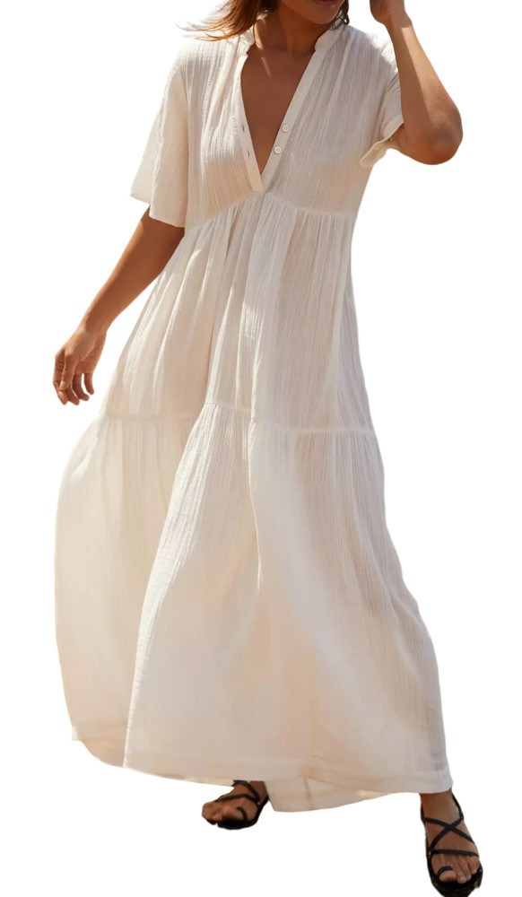 R.Vivimos Womens Summer Cotton Flowy Maxi Dress Short Sleeve V Neck Empire Waist Boho Tiered Ruffle Casual Loose Long Dresses