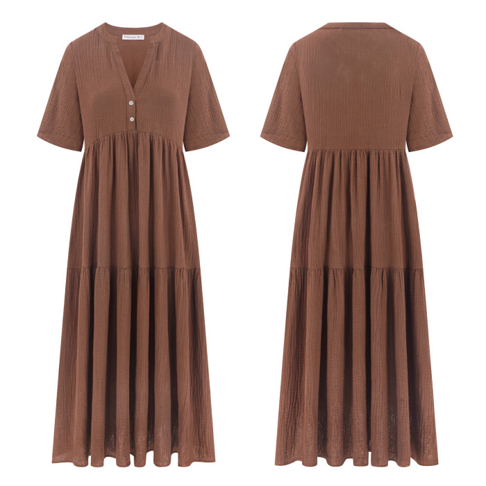 R.Vivimos Womens Summer Cotton Flowy Maxi Dress Short Sleeve V Neck Empire Waist Boho Tiered Ruffle Casual Loose Long Dresses