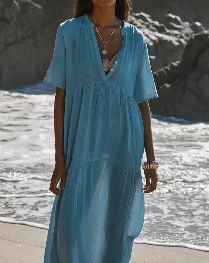 R.Vivimos Womens Summer Cotton Flowy Maxi Dress Short Sleeve V Neck Empire Waist Boho Tiered Ruffle Casual Loose Long Dresses