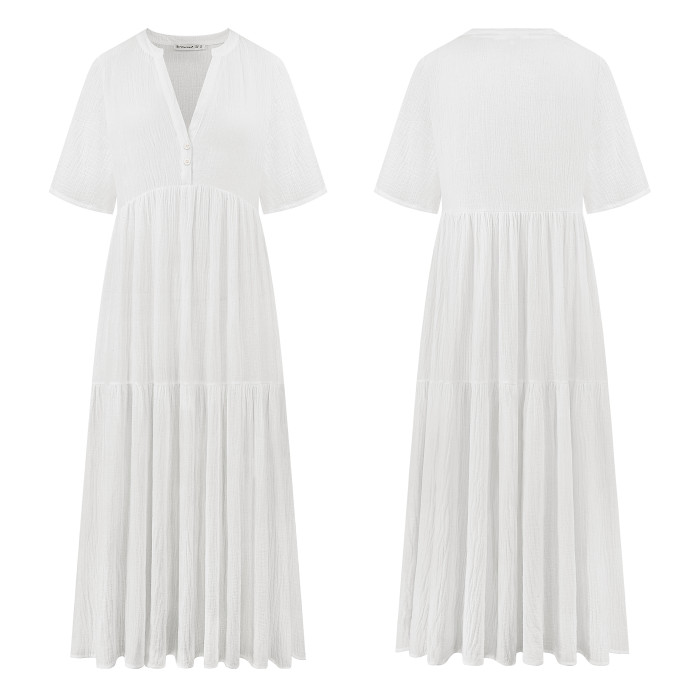 R.Vivimos Womens Summer Cotton Flowy Maxi Dress Short Sleeve V Neck Empire Waist Boho Tiered Ruffle Casual Loose Long Dresses