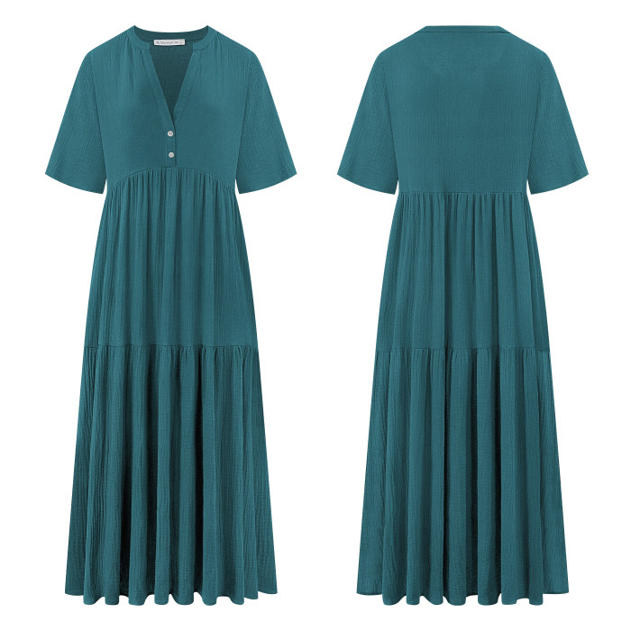 R.Vivimos Womens Summer Cotton Flowy Maxi Dress Short Sleeve V Neck Empire Waist Boho Tiered Ruffle Casual Loose Long Dresses