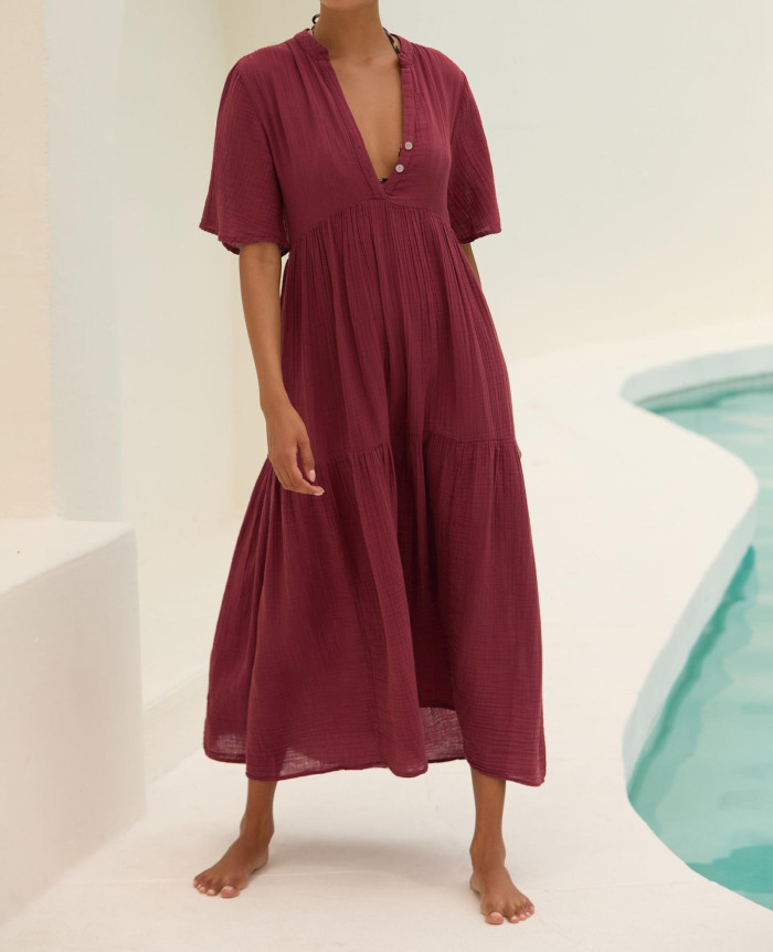 R.Vivimos Womens Summer Cotton Flowy Maxi Dress Short Sleeve V Neck Empire Waist Boho Tiered Ruffle Casual Loose Long Dresses