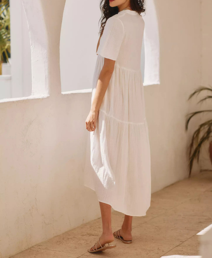 R.Vivimos Womens Summer Cotton Flowy Maxi Dress Short Sleeve V Neck Empire Waist Boho Tiered Ruffle Casual Loose Long Dresses