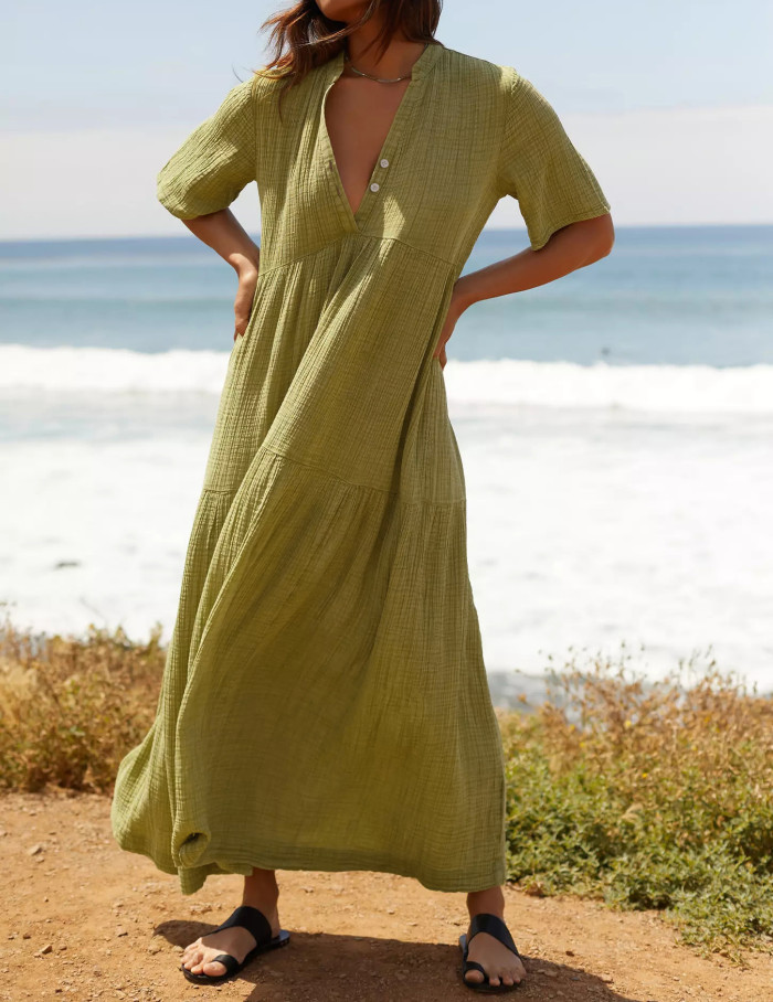 R.Vivimos Womens Summer Cotton Flowy Maxi Dress Short Sleeve V Neck Empire Waist Boho Tiered Ruffle Casual Loose Long Dresses