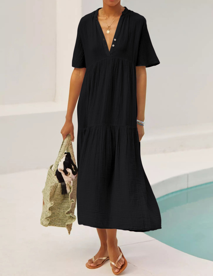 R.Vivimos Womens Summer Cotton Flowy Maxi Dress Short Sleeve V Neck Empire Waist Boho Tiered Ruffle Casual Loose Long Dresses
