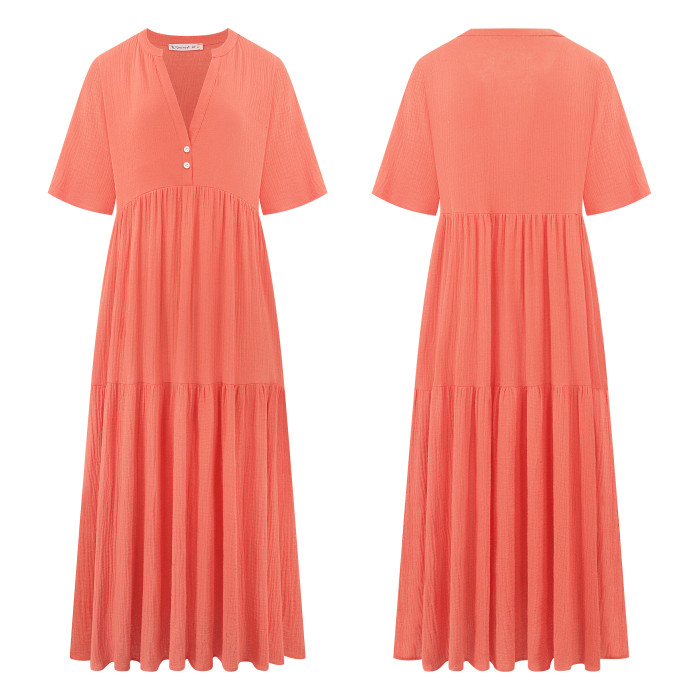 R.Vivimos Womens Summer Cotton Flowy Maxi Dress Short Sleeve V Neck Empire Waist Boho Tiered Ruffle Casual Loose Long Dresses