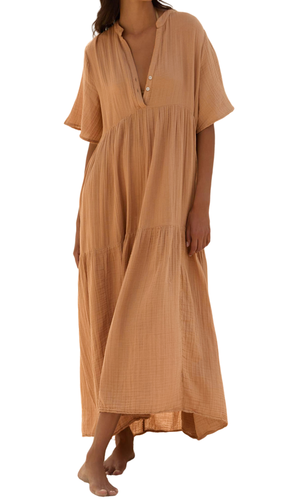 R.Vivimos Womens Summer Cotton Flowy Maxi Dress Short Sleeve V Neck Empire Waist Boho Tiered Ruffle Casual Loose Long Dresses