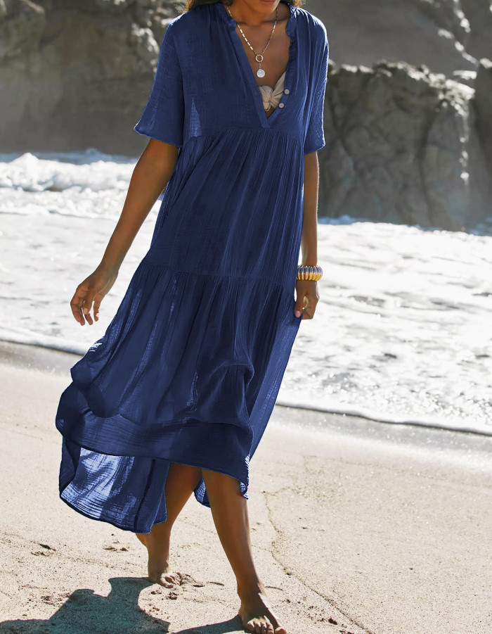 R.Vivimos Womens Summer Cotton Flowy Maxi Dress Short Sleeve V Neck Empire Waist Boho Tiered Ruffle Casual Loose Long Dresses