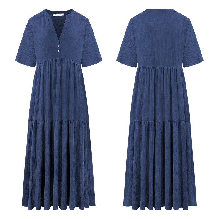R.Vivimos Womens Summer Cotton Flowy Maxi Dress Short Sleeve V Neck Empire Waist Boho Tiered Ruffle Casual Loose Long Dresses