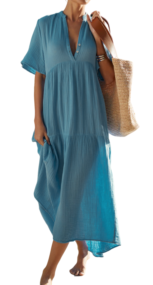 R.Vivimos Womens Summer Cotton Flowy Maxi Dress Short Sleeve V Neck Empire Waist Boho Tiered Ruffle Casual Loose Long Dresses