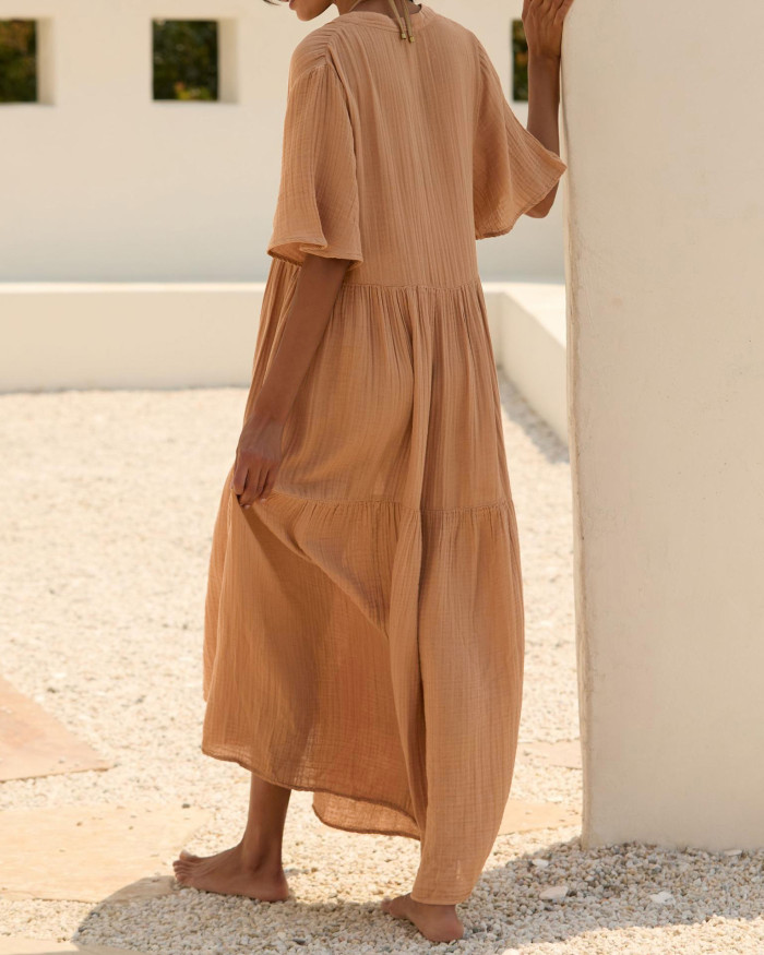 R.Vivimos Womens Summer Cotton Flowy Maxi Dress Short Sleeve V Neck Empire Waist Boho Tiered Ruffle Casual Loose Long Dresses