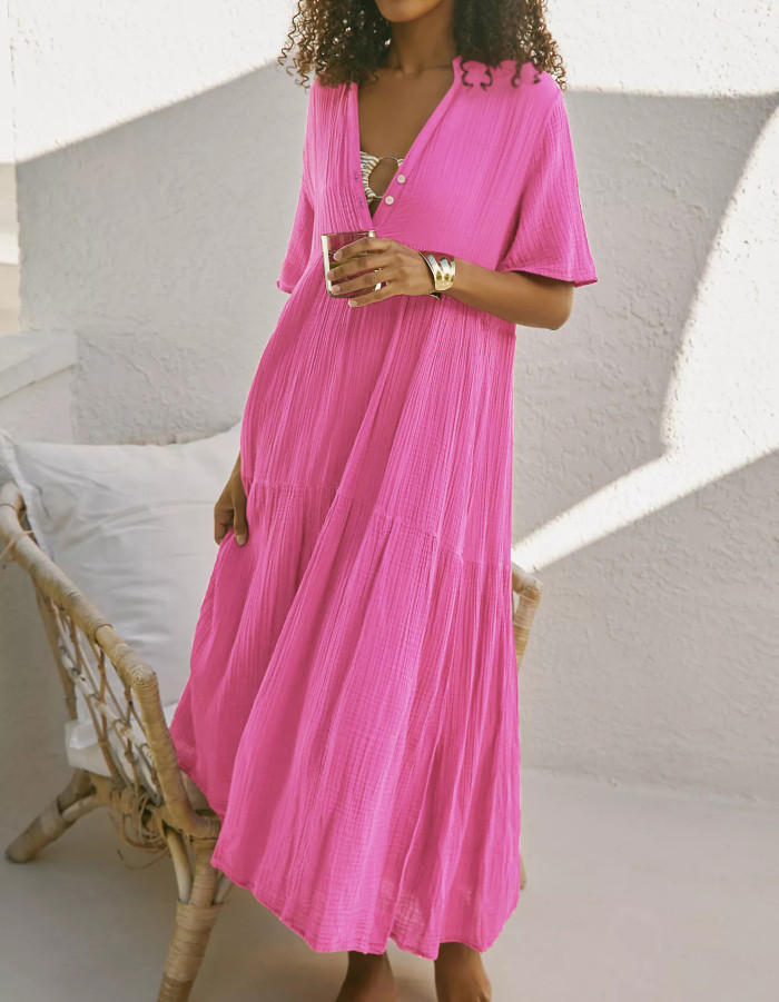 R.Vivimos Womens Summer Cotton Flowy Maxi Dress Short Sleeve V Neck Empire Waist Boho Tiered Ruffle Casual Loose Long Dresses