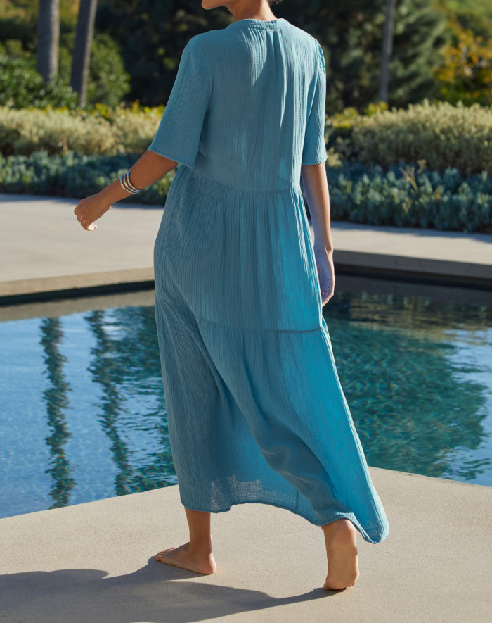 R.Vivimos Womens Summer Cotton Flowy Maxi Dress Short Sleeve V Neck Empire Waist Boho Tiered Ruffle Casual Loose Long Dresses