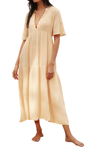 R.Vivimos Womens Summer Cotton Flowy Maxi Dress Short Sleeve V Neck Empire Waist Boho Tiered Ruffle Casual Loose Long Dresses
