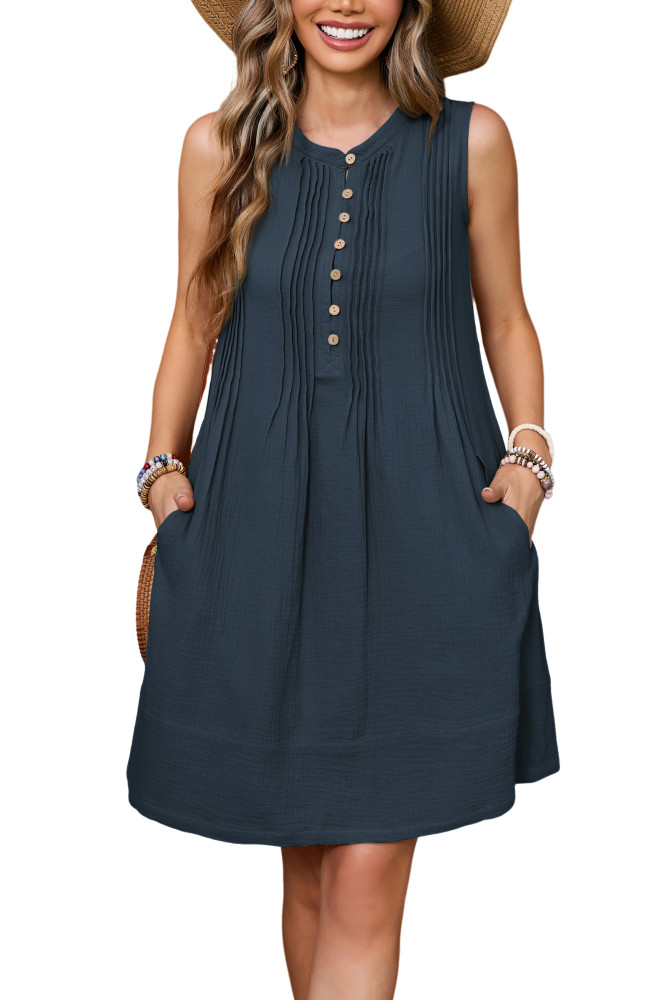 R.Vivimos Sleeveless Cotton Casual Dresses for Women Summer 2025 Button Up Ruched Loose Tunic Mini Dress with Pockets