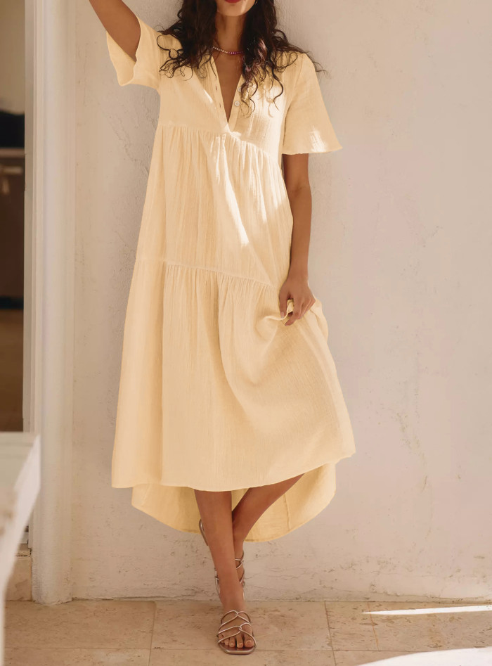 R.Vivimos Womens Summer Cotton Flowy Maxi Dress Short Sleeve V Neck Empire Waist Boho Tiered Ruffle Casual Loose Long Dresses