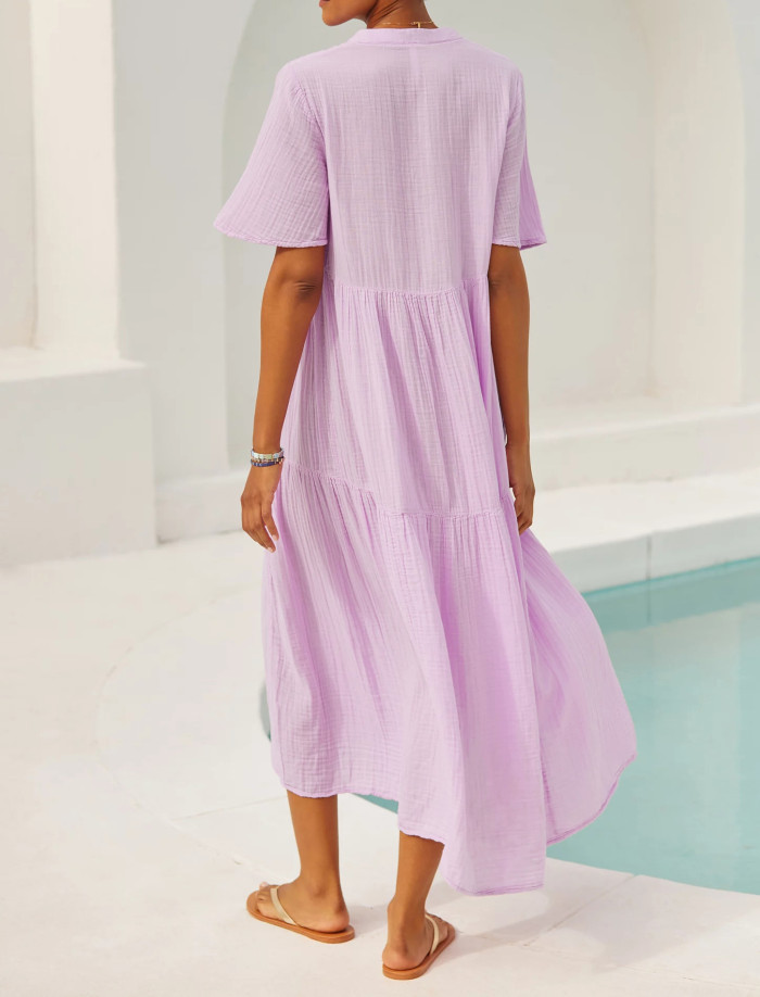 R.Vivimos Womens Summer Cotton Flowy Maxi Dress Short Sleeve V Neck Empire Waist Boho Tiered Ruffle Casual Loose Long Dresses
