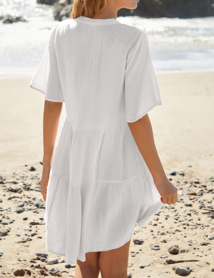 R.Vivimos Womens Summer Cotton Flowy Mini Dress V Neck Short Sleeve Boho Ruffle Tiered Casual Loose Tunic Dress