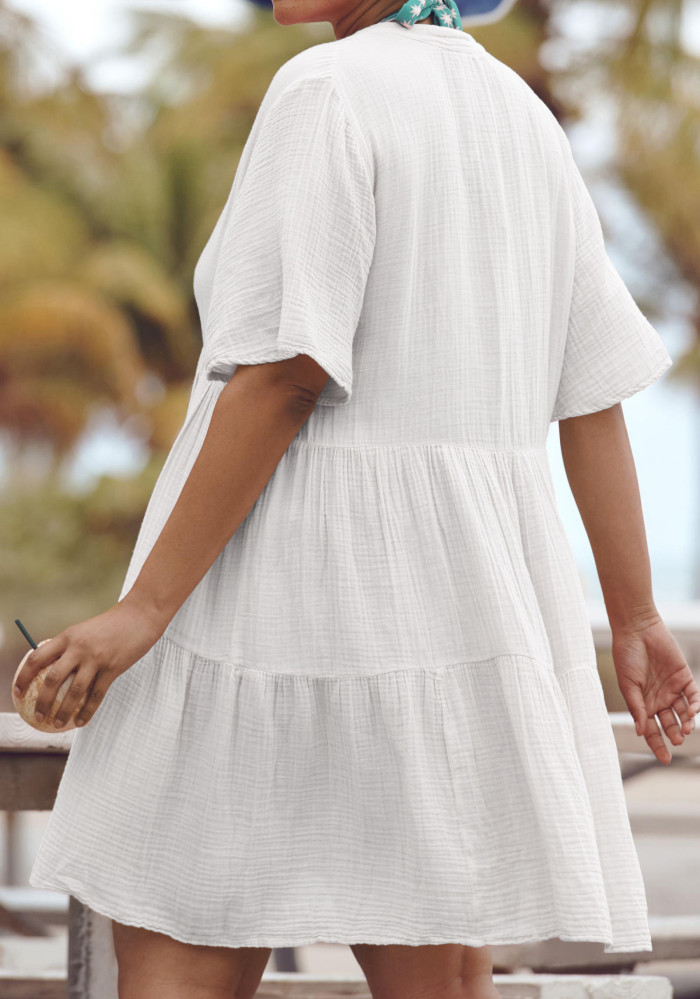 R.Vivimos Womens Summer Cotton Flowy Mini Dress V Neck Short Sleeve Boho Ruffle Tiered Casual Loose Tunic Dress