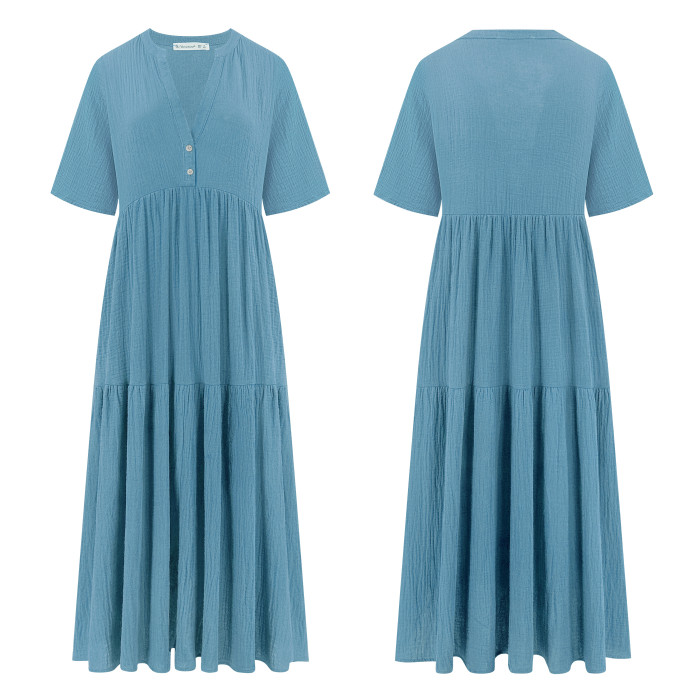 R.Vivimos Womens Summer Cotton Flowy Maxi Dress Short Sleeve V Neck Empire Waist Boho Tiered Ruffle Casual Loose Long Dresses