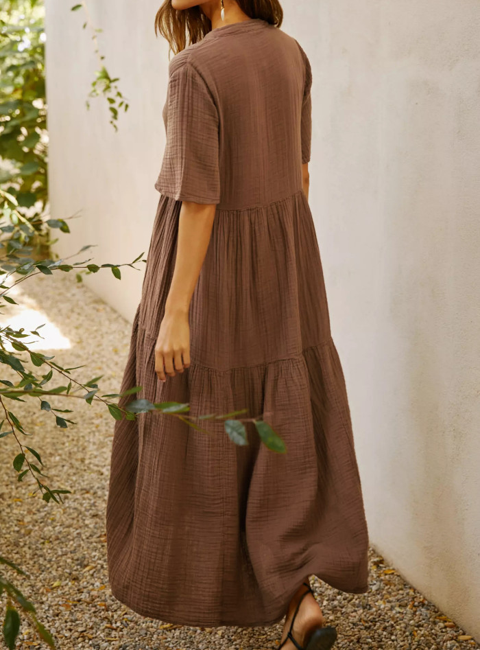 R.Vivimos Womens Summer Cotton Flowy Maxi Dress Short Sleeve V Neck Empire Waist Boho Tiered Ruffle Casual Loose Long Dresses
