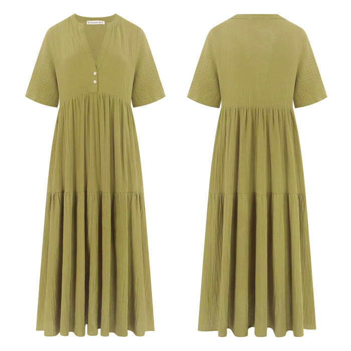 R.Vivimos Womens Summer Cotton Flowy Maxi Dress Short Sleeve V Neck Empire Waist Boho Tiered Ruffle Casual Loose Long Dresses