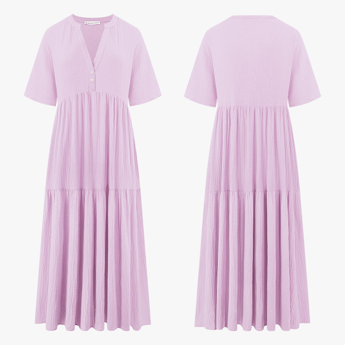 R.Vivimos Womens Summer Cotton Flowy Maxi Dress Short Sleeve V Neck Empire Waist Boho Tiered Ruffle Casual Loose Long Dresses