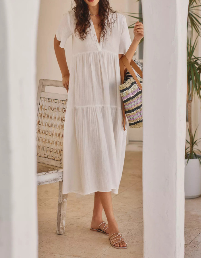 R.Vivimos Womens Summer Cotton Flowy Maxi Dress Short Sleeve V Neck Empire Waist Boho Tiered Ruffle Casual Loose Long Dresses