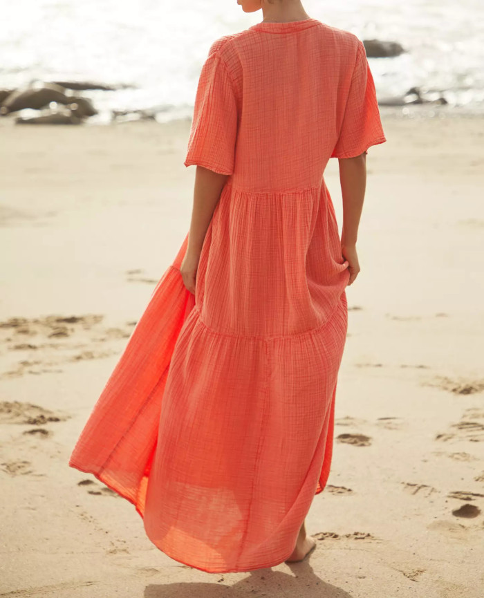 R.Vivimos Womens Summer Cotton Flowy Maxi Dress Short Sleeve V Neck Empire Waist Boho Tiered Ruffle Casual Loose Long Dresses