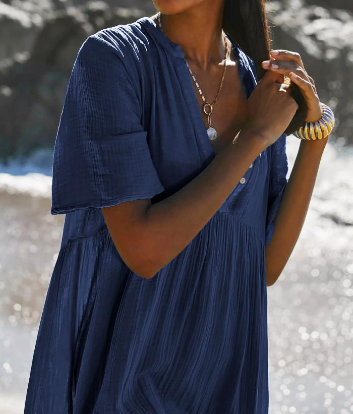 R.Vivimos Womens Summer Cotton Flowy Maxi Dress Short Sleeve V Neck Empire Waist Boho Tiered Ruffle Casual Loose Long Dresses