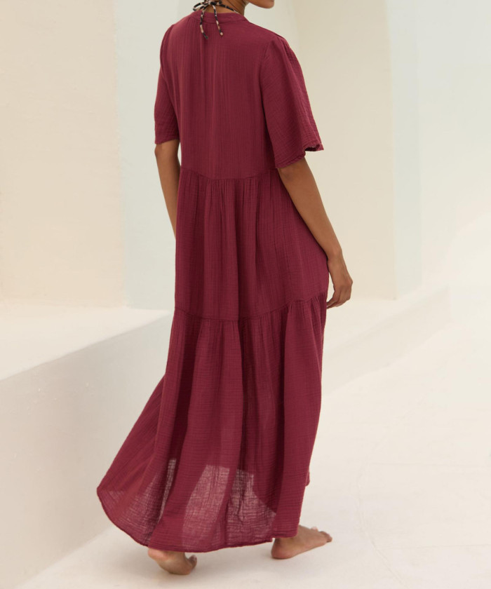 R.Vivimos Womens Summer Cotton Flowy Maxi Dress Short Sleeve V Neck Empire Waist Boho Tiered Ruffle Casual Loose Long Dresses