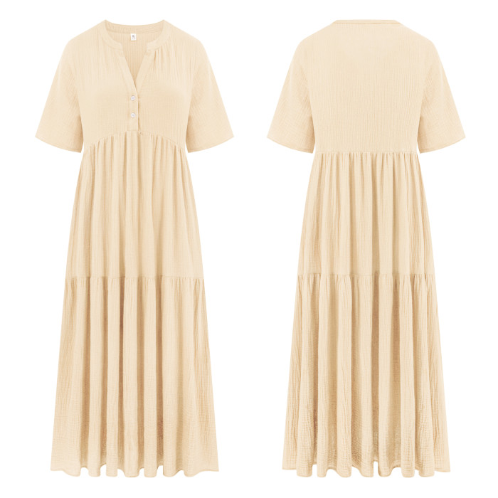 R.Vivimos Womens Summer Cotton Flowy Maxi Dress Short Sleeve V Neck Empire Waist Boho Tiered Ruffle Casual Loose Long Dresses