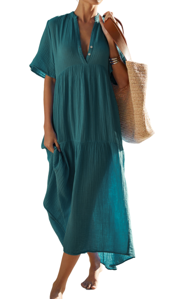 R.Vivimos Womens Summer Cotton Flowy Maxi Dress Short Sleeve V Neck Empire Waist Boho Tiered Ruffle Casual Loose Long Dresses