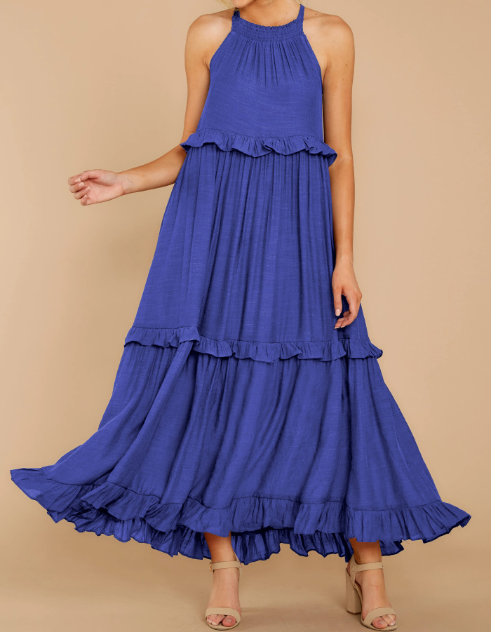 R.Vivimos Womens Summer Dress Cotton Sleeveless Halter Layered Ruffles Casual Boho Flowy Maxi Dress