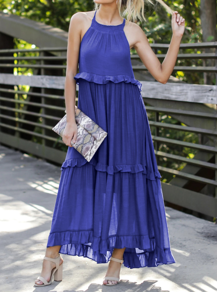 R.Vivimos Womens Summer Dress Cotton Sleeveless Halter Layered Ruffles Casual Boho Flowy Maxi Dress