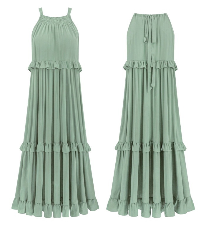 R.Vivimos Womens Summer Dress Cotton Sleeveless Halter Layered Ruffles Casual Boho Flowy Maxi Dress
