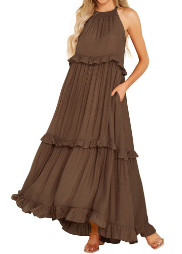R.Vivimos Womens Summer Dress Cotton Sleeveless Halter Layered Ruffles Casual Boho Flowy Maxi Dress