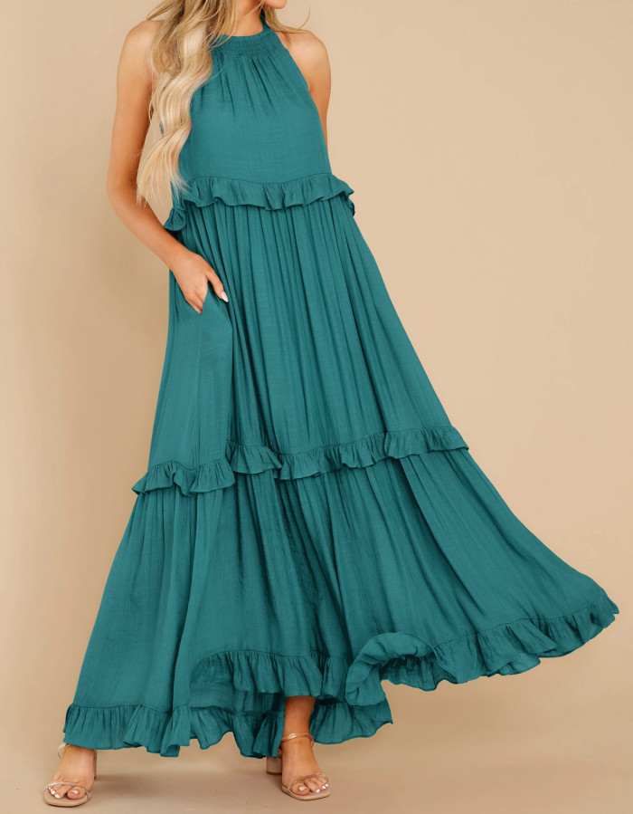 R.Vivimos Womens Summer Dress Cotton Sleeveless Halter Layered Ruffles Casual Boho Flowy Maxi Dress