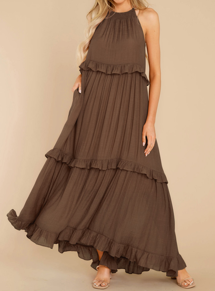 R.Vivimos Womens Summer Dress Cotton Sleeveless Halter Layered Ruffles Casual Boho Flowy Maxi Dress