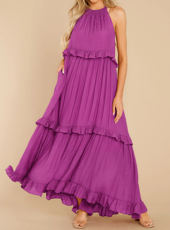 R.Vivimos Womens Summer Dress Cotton Sleeveless Halter Layered Ruffles Casual Boho Flowy Maxi Dress