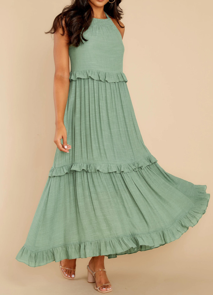 R.Vivimos Womens Summer Dress Cotton Sleeveless Halter Layered Ruffles Casual Boho Flowy Maxi Dress