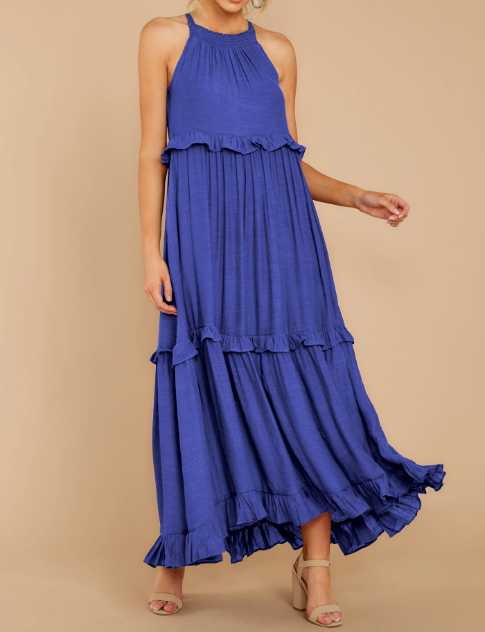 R.Vivimos Womens Summer Dress Cotton Sleeveless Halter Layered Ruffles Casual Boho Flowy Maxi Dress