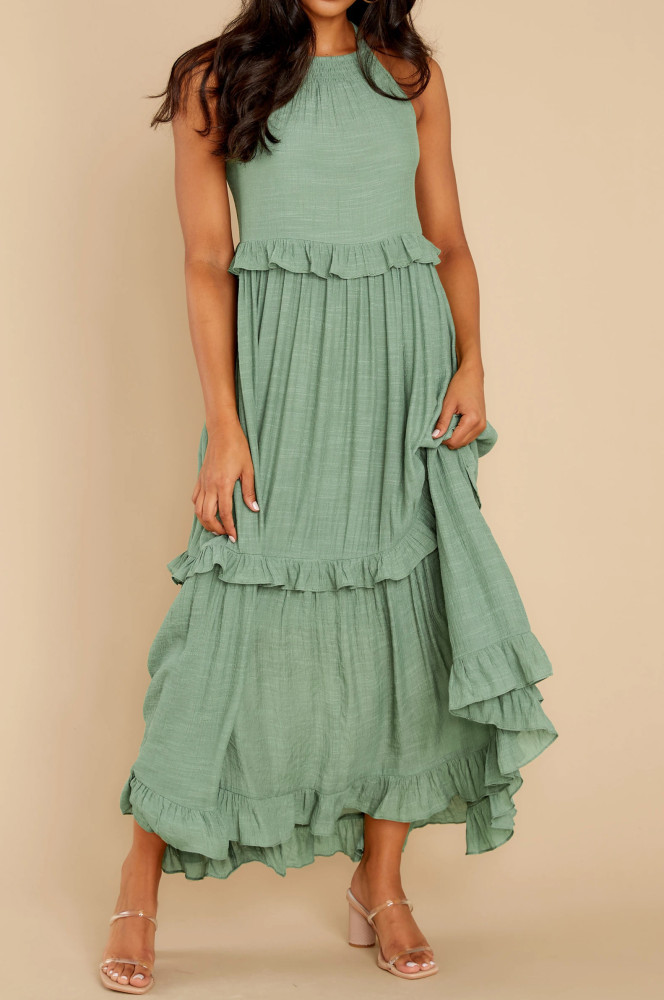 R.Vivimos Womens Summer Dress Cotton Sleeveless Halter Layered Ruffles Casual Boho Flowy Maxi Dress