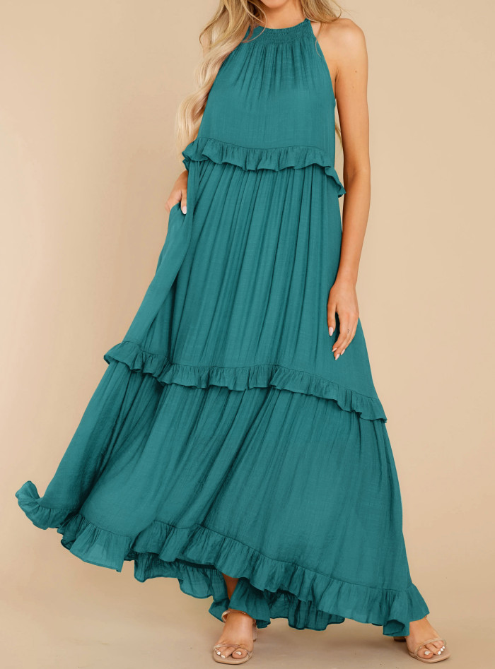 R.Vivimos Womens Summer Dress Cotton Sleeveless Halter Layered Ruffles Casual Boho Flowy Maxi Dress