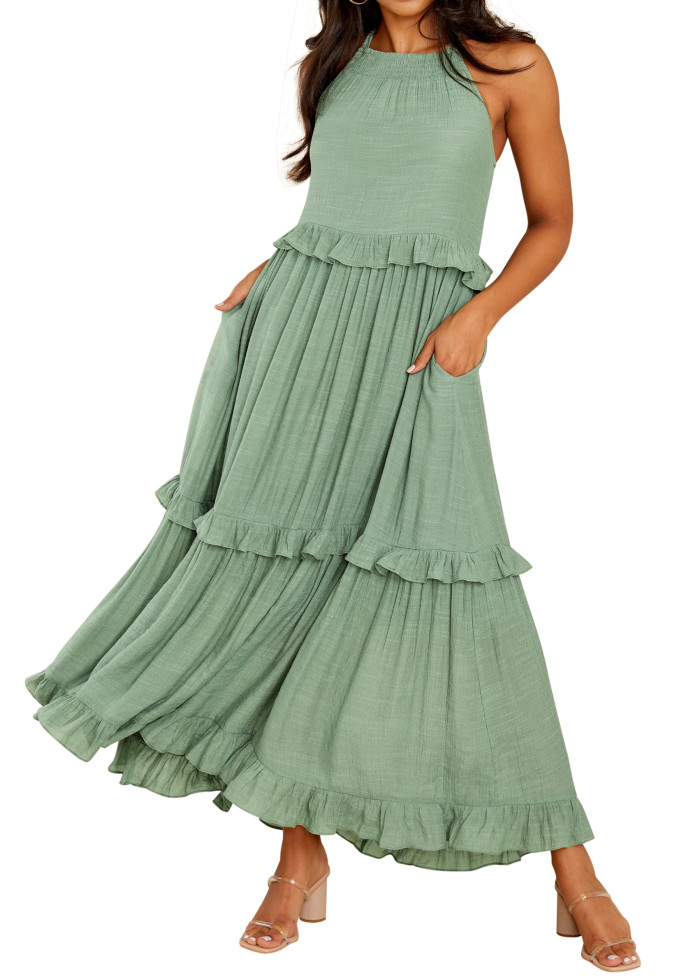 R.Vivimos Womens Summer Dress Cotton Sleeveless Halter Layered Ruffles Casual Boho Flowy Maxi Dress