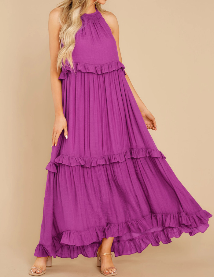 R.Vivimos Womens Summer Dress Cotton Sleeveless Halter Layered Ruffles Casual Boho Flowy Maxi Dress