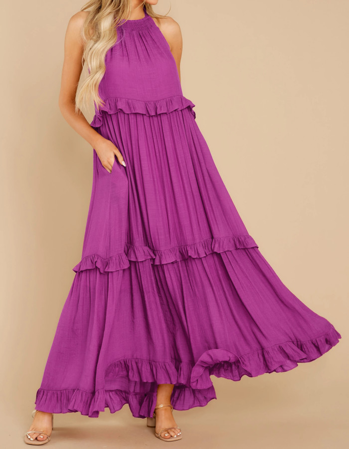 R.Vivimos Womens Summer Dress Cotton Sleeveless Halter Layered Ruffles Casual Boho Flowy Maxi Dress
