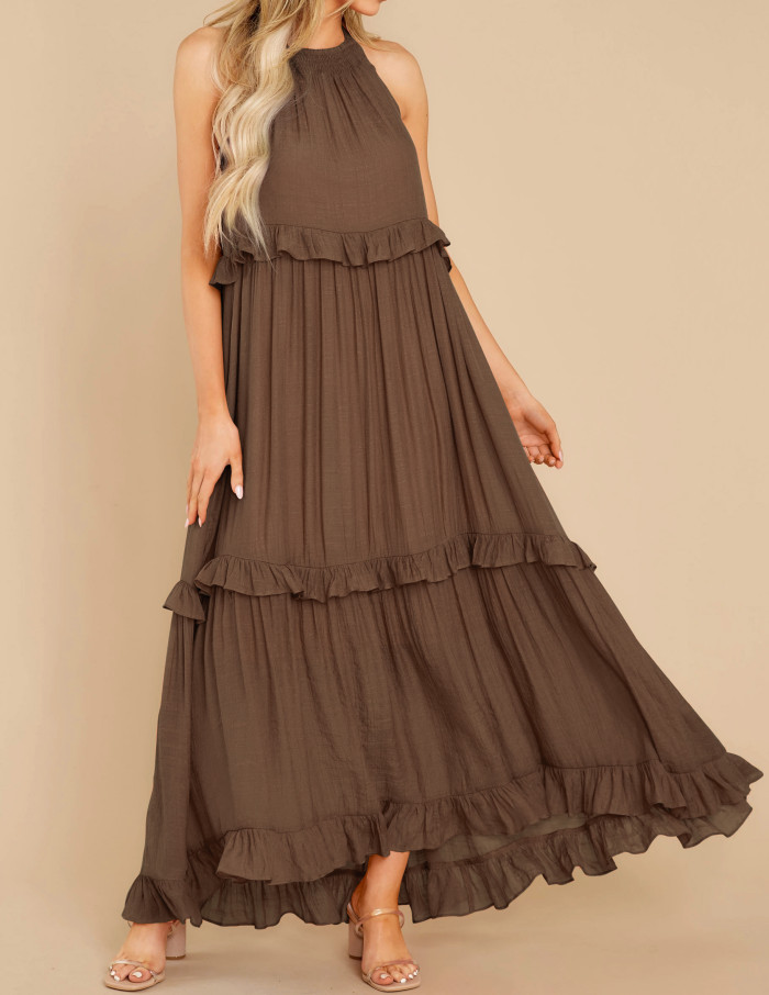 R.Vivimos Womens Summer Dress Cotton Sleeveless Halter Layered Ruffles Casual Boho Flowy Maxi Dress