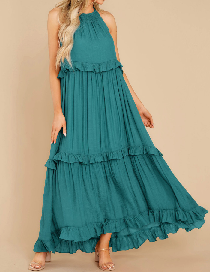 R.Vivimos Womens Summer Dress Cotton Sleeveless Halter Layered Ruffles Casual Boho Flowy Maxi Dress