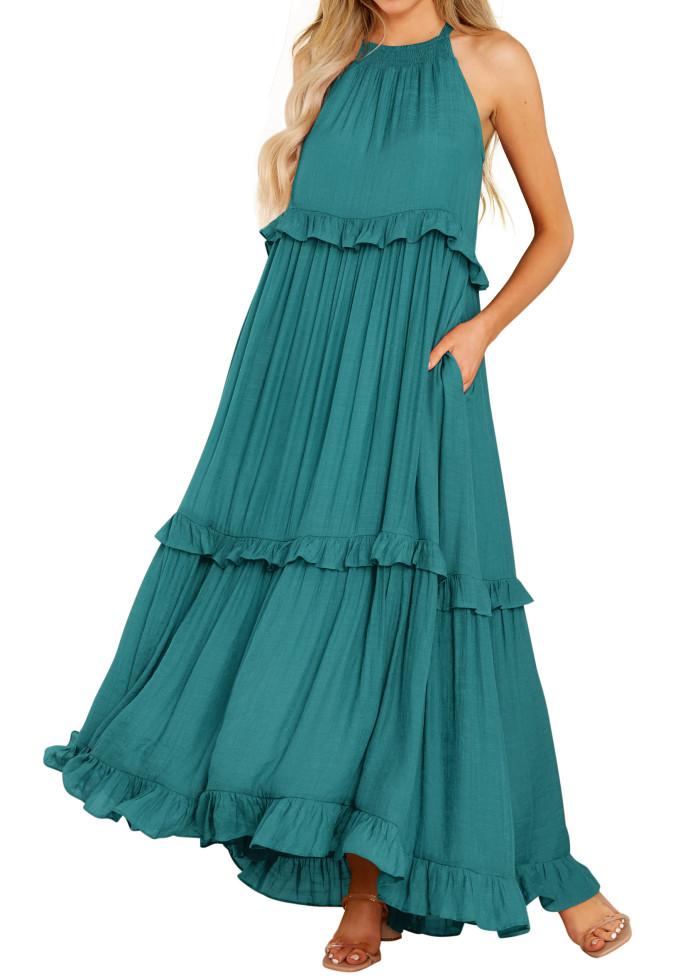 R.Vivimos Womens Summer Dress Cotton Sleeveless Halter Layered Ruffles Casual Boho Flowy Maxi Dress